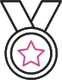 Black medal with a pink star in the center hanging from a ribbon.